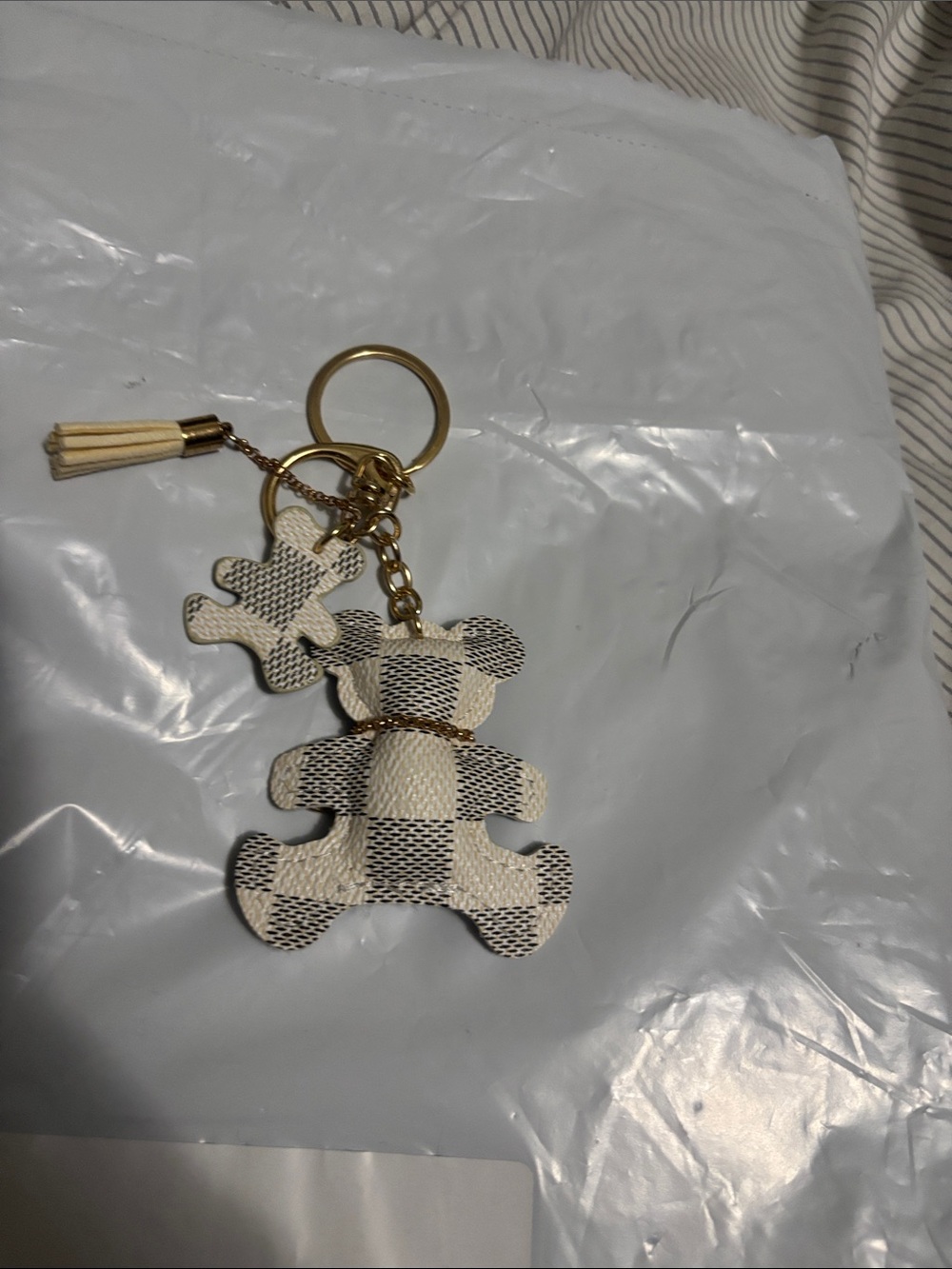 Stylish damier leather bear keychain